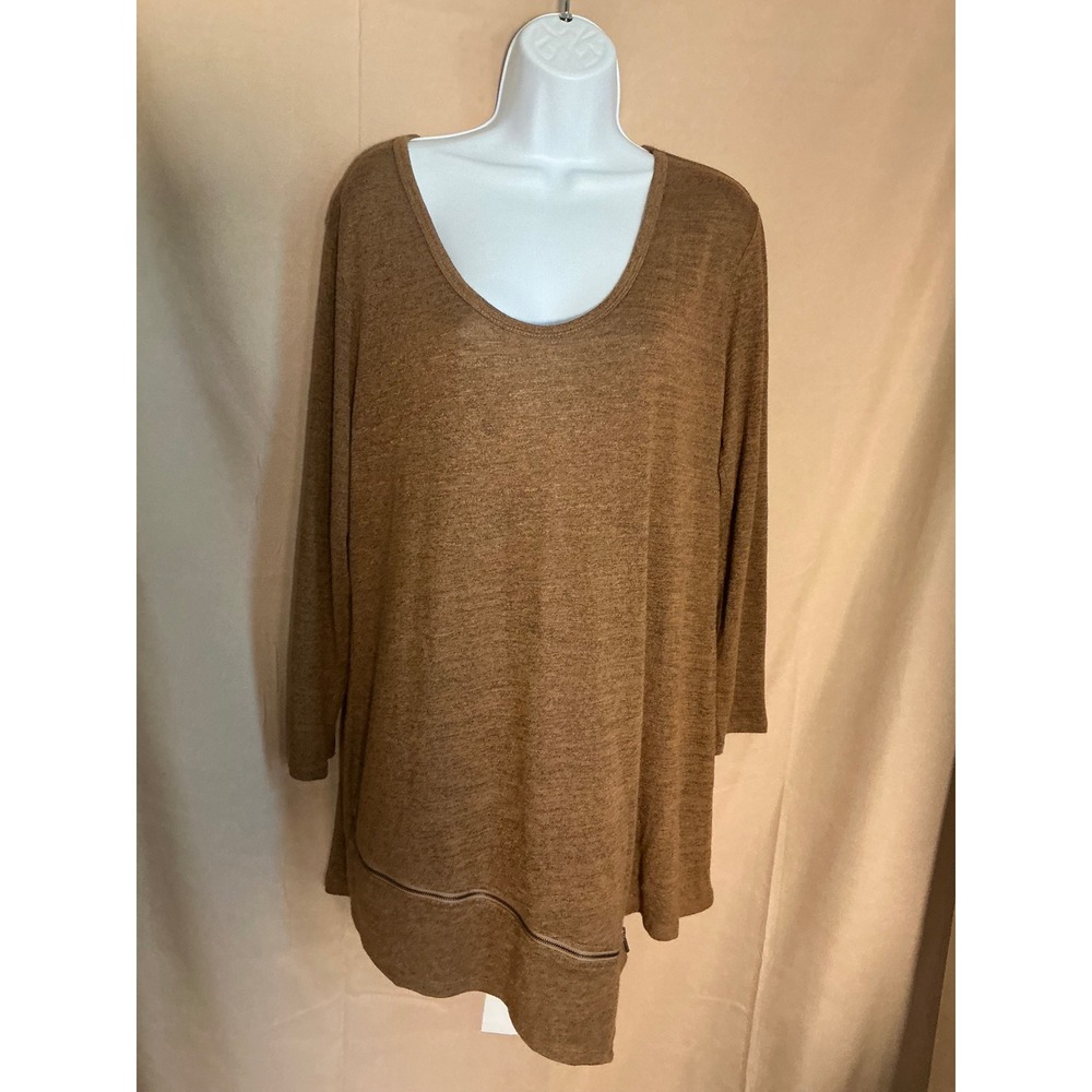Nene Leakes Zipper Accent Tunic Top Womens XL Brown Excellent Asymmetrical Hem
